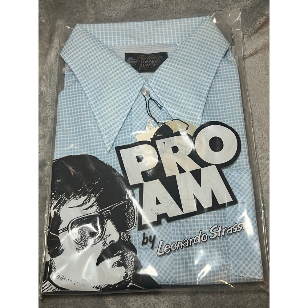 Vintage Leonardo Strassi Pro-Am Ban-Lon Shirt Blue Check 70s Deadstock Mens XL